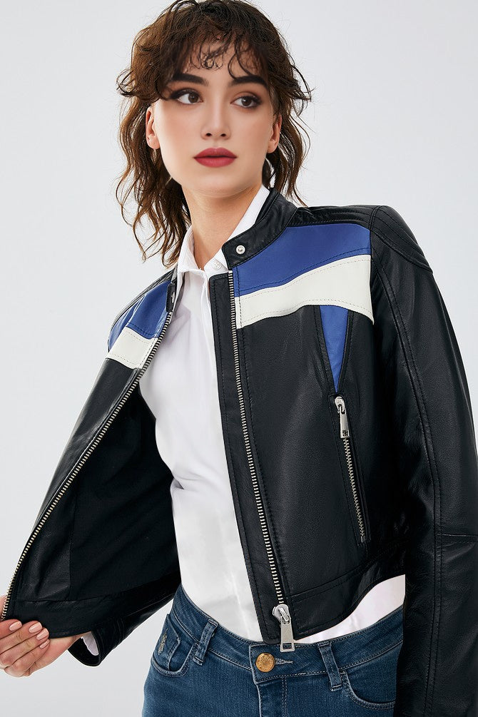Blue Carol Casual Leather Jacket For Women