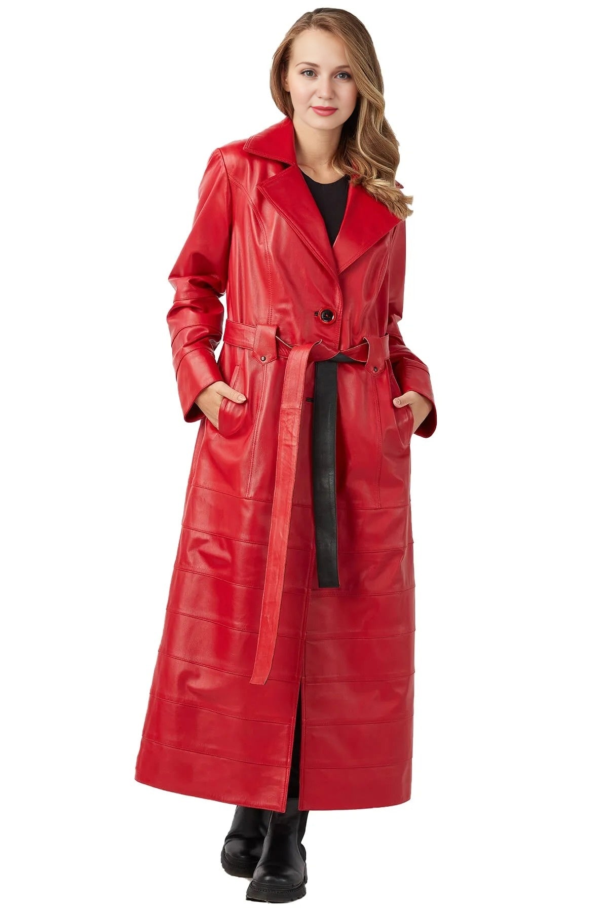 Rose Red Long Leather Coat With Center Belt For Women