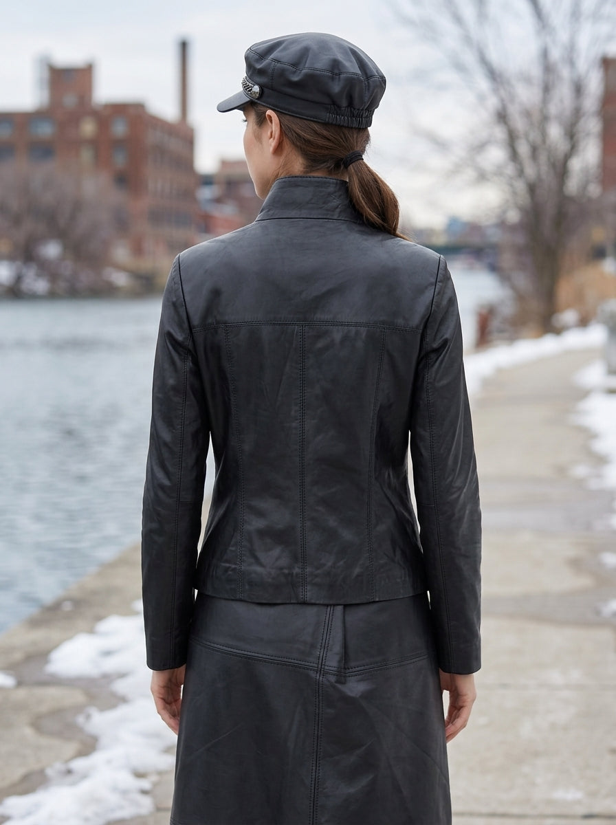 Zoe Black Biker Leather Jacket For Women