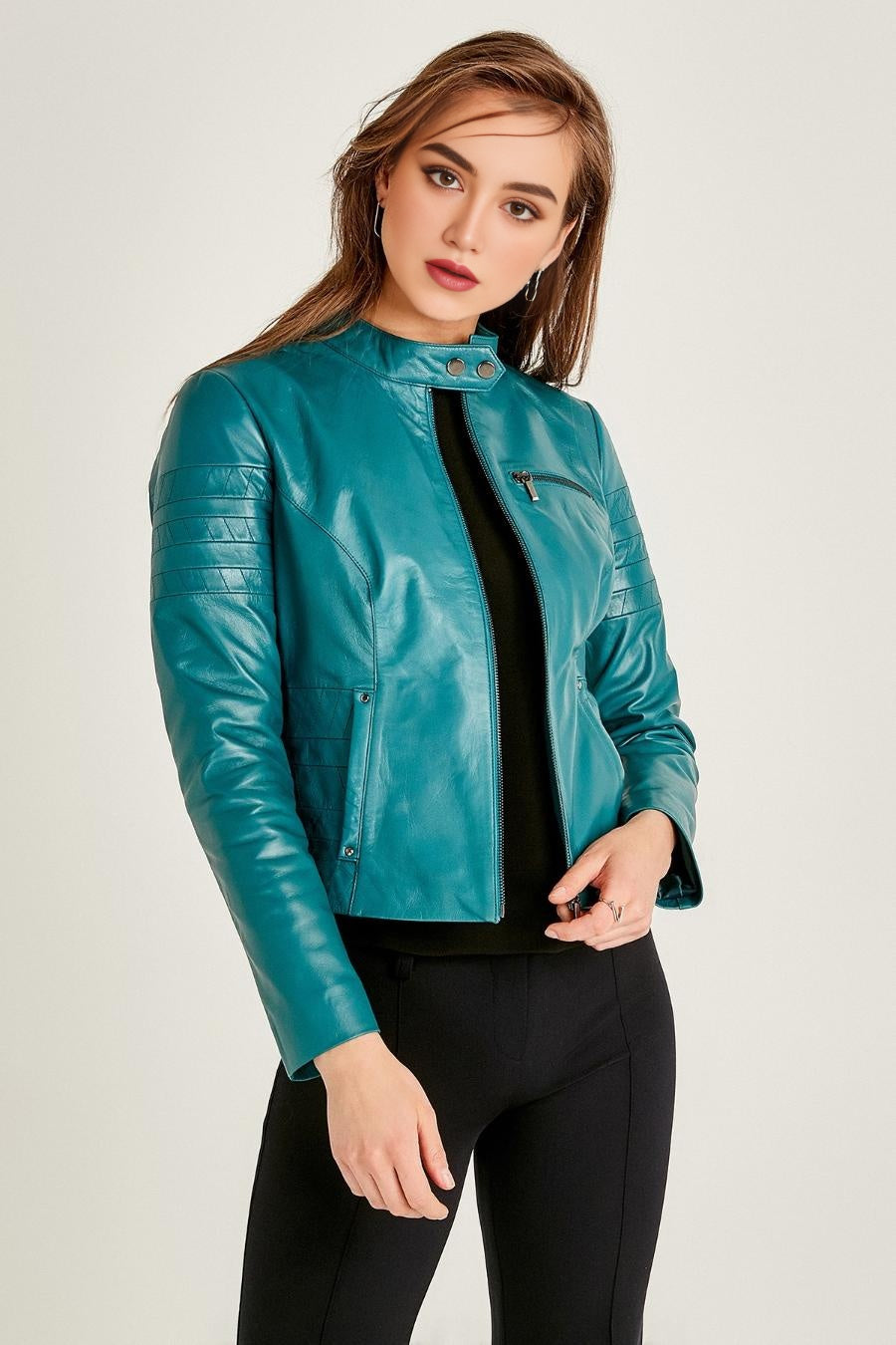 Azure Stylish Blue Leather Jacket For Women