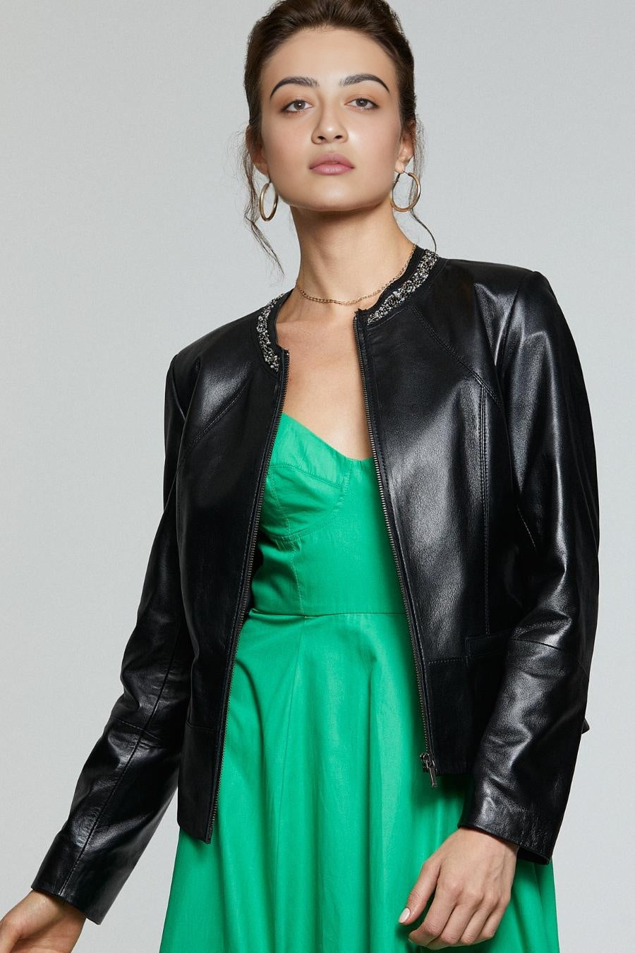 Stone Work Black Leather Jacket For Women