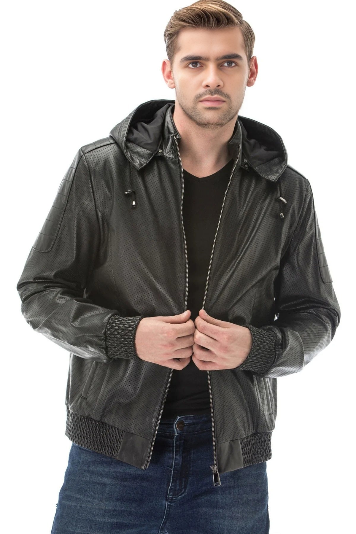 Winston Black Hooded Leather Jacket For Men