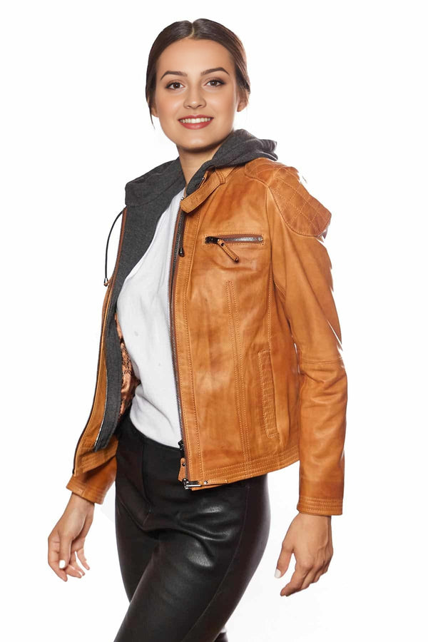 Katrina With Stylish Look Women Orange Leather Jacket With Hood