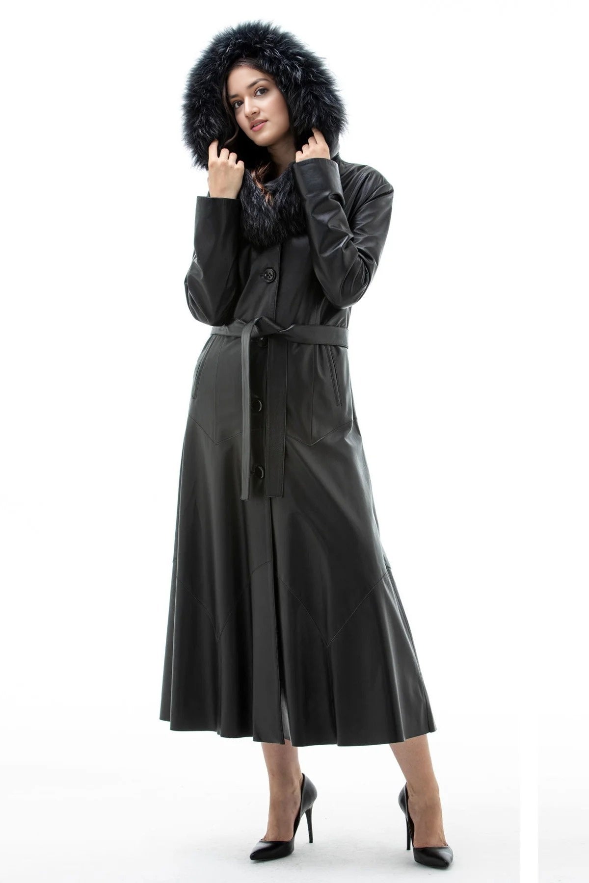 Autumn Black Fur Hood Long Leather Coat For Women