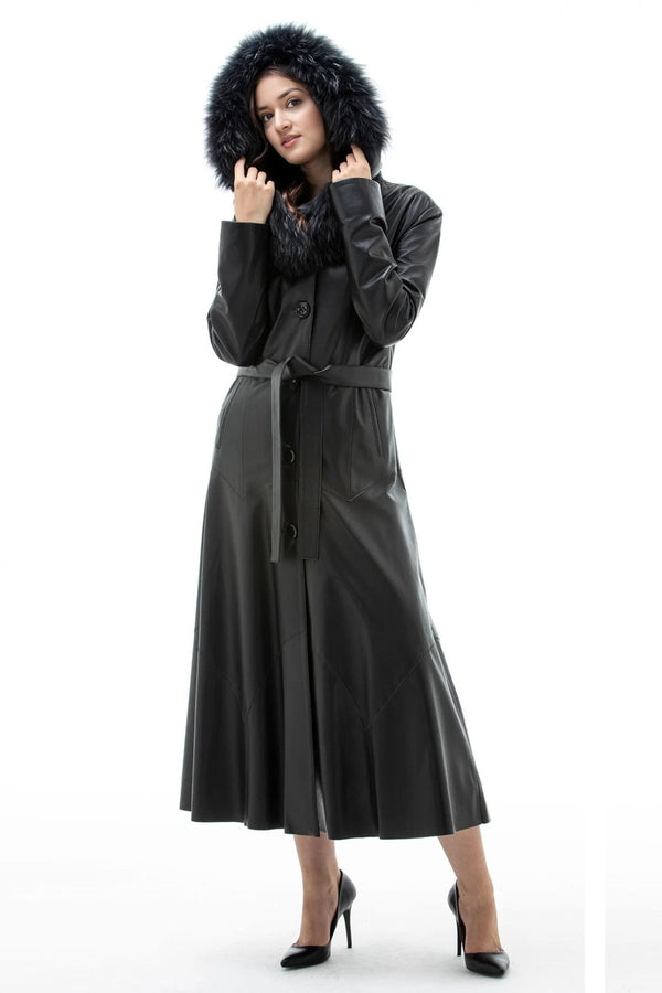 Autumn Black Fur Hood Long Leather Coat For Women