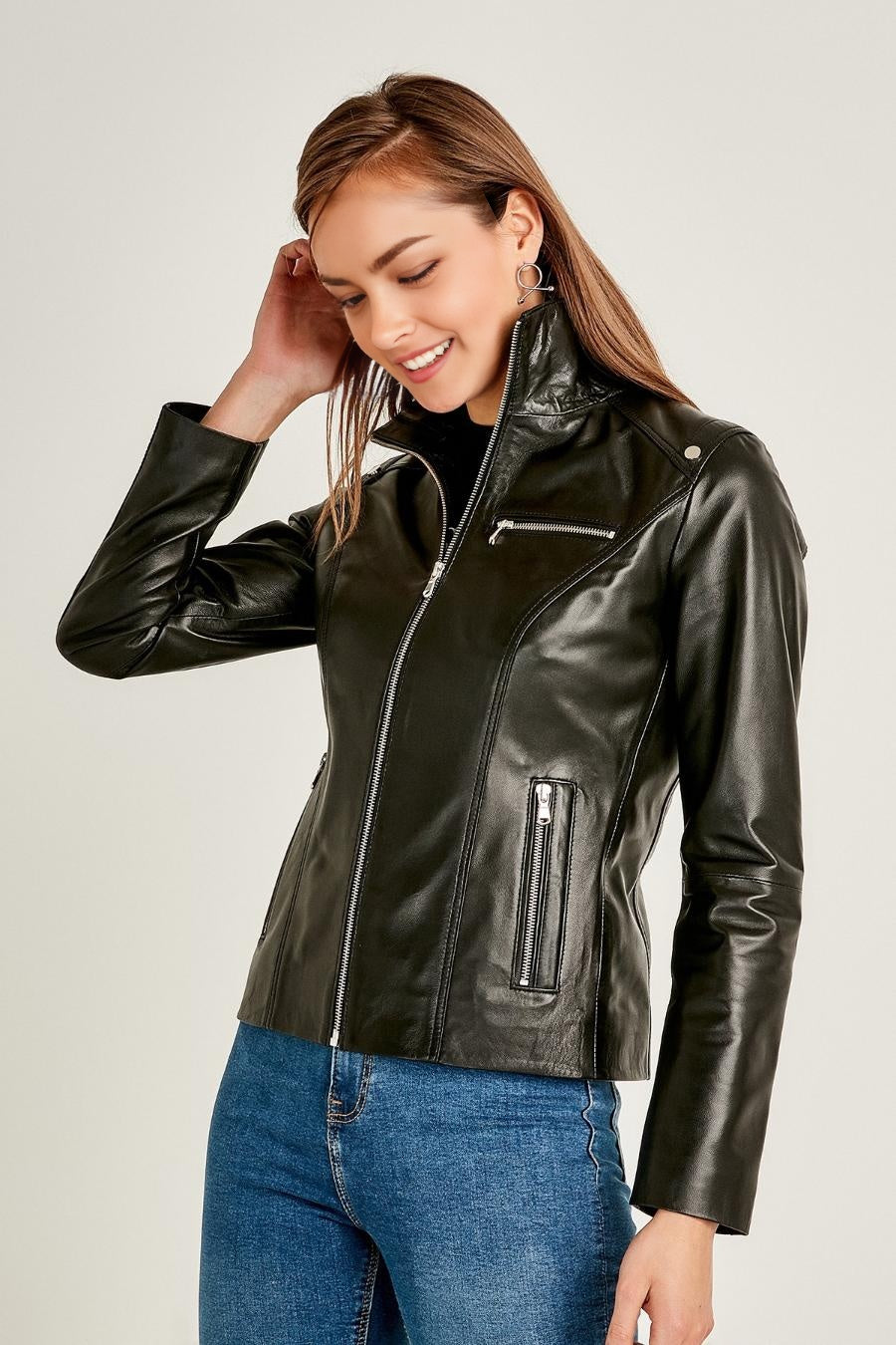 Patricia Stylish Collar Black Leather Jacket For Women