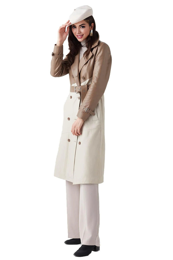 Sofia Women's Beige Garnished Cappuccino Leather Trench Coat