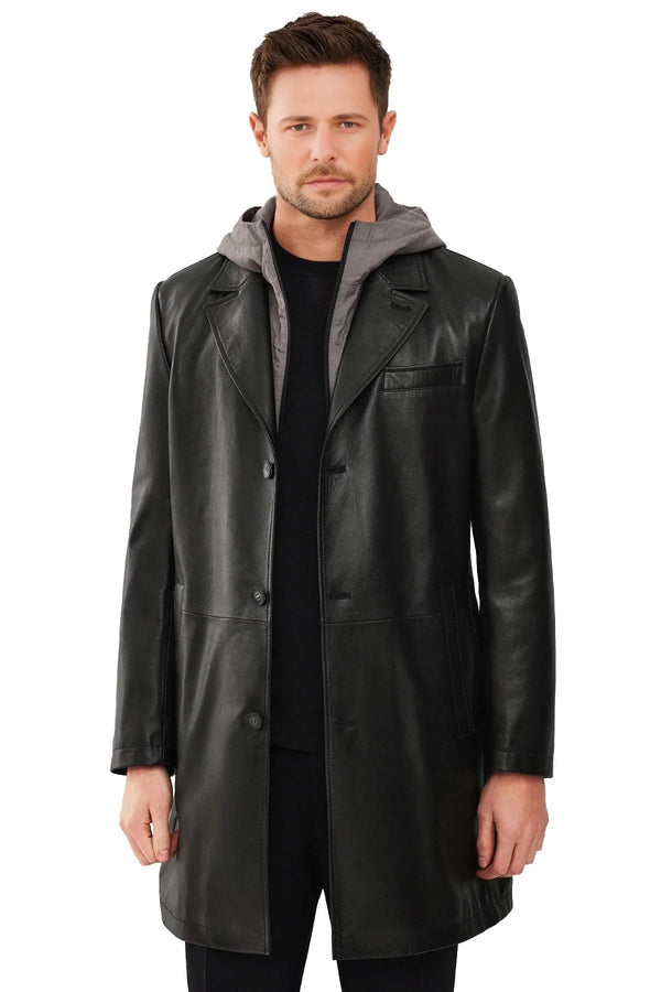 Aaron Men's Black Long Trench Leather Coat With Hood