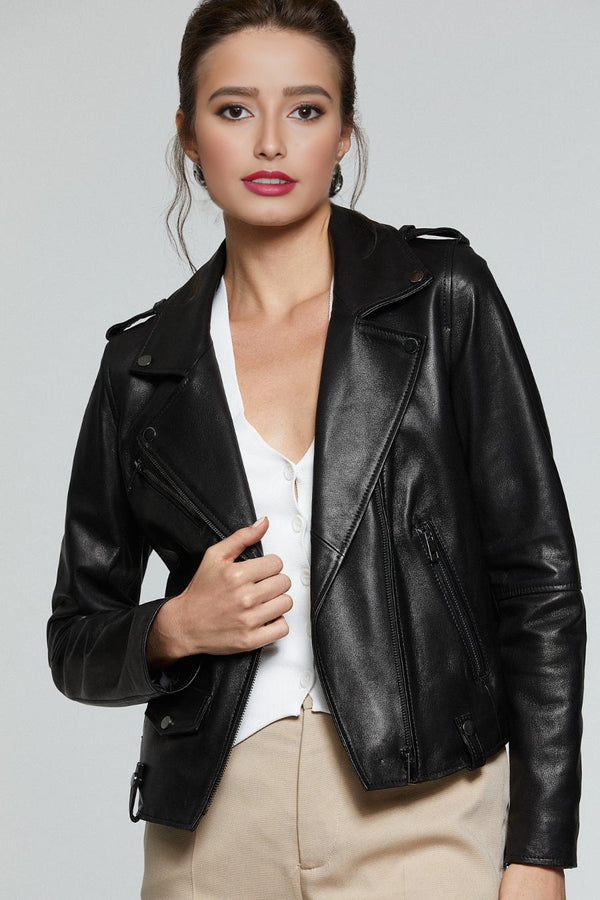 Notched Black Leather Biker Jacket For Women