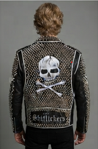 Men's Studded Leather Jacket Punk Skull UV Printed Coat