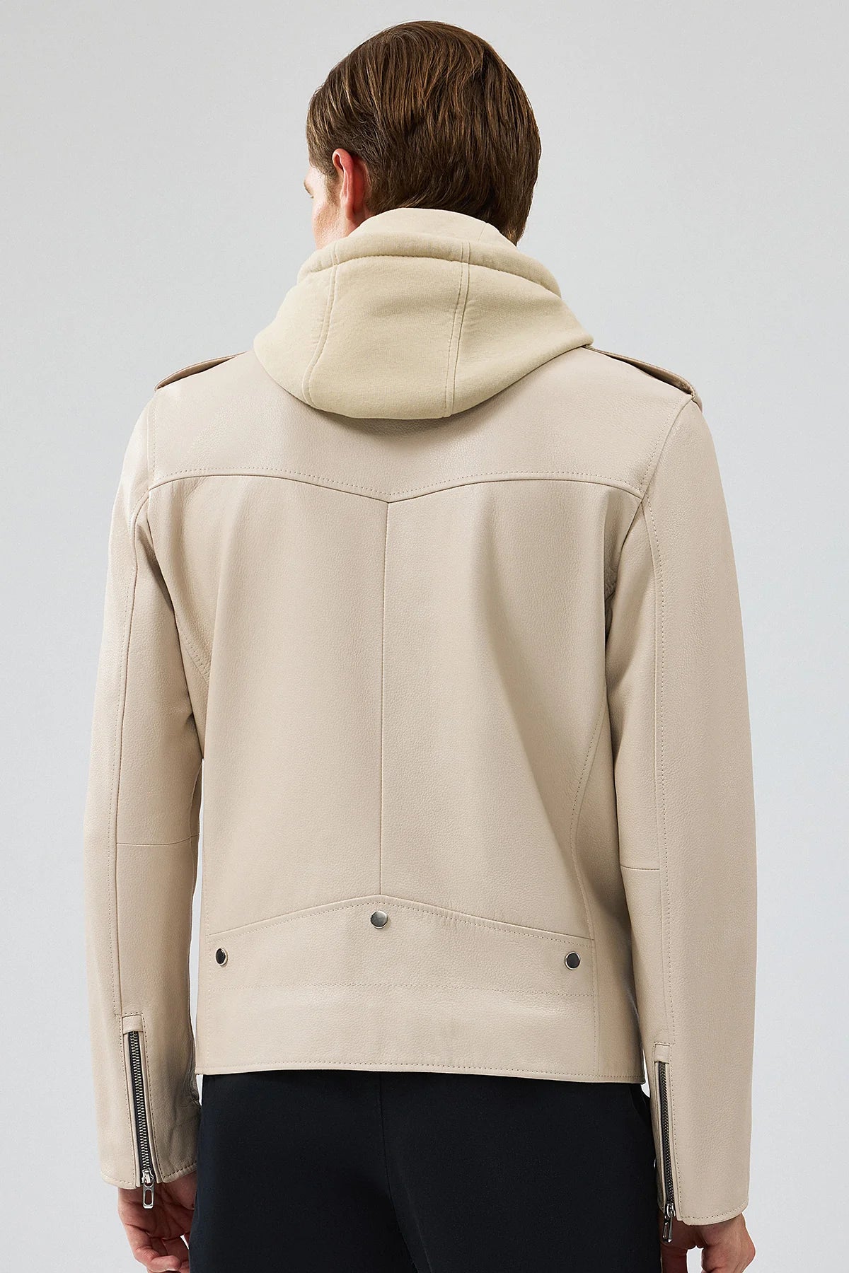 VantaRider Men's Beige Hooded Biker Leather Jacket