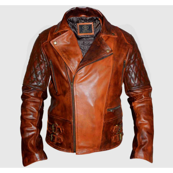 Classic Diamond Brown Leather Jacket For Men
