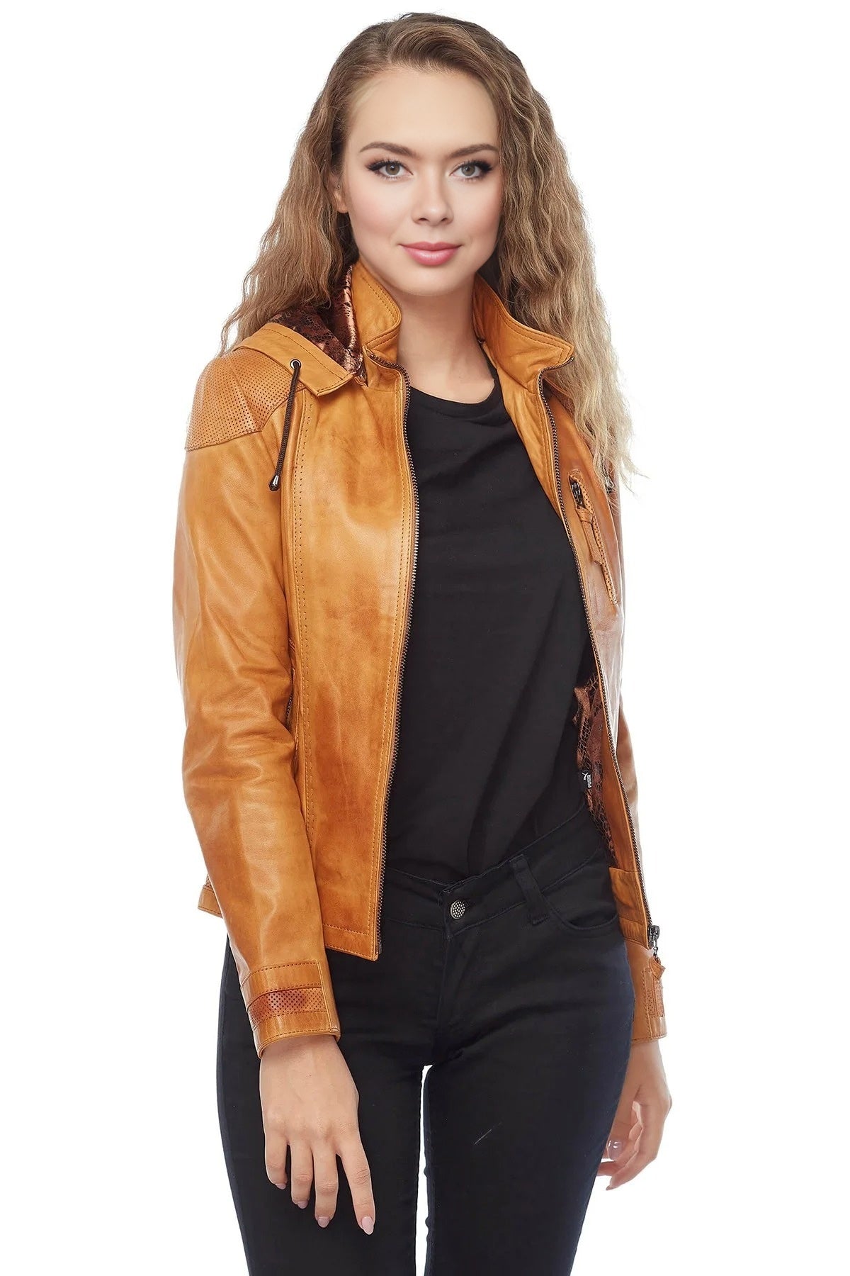 Belinda Orange Hoody Leather Jacket For Women