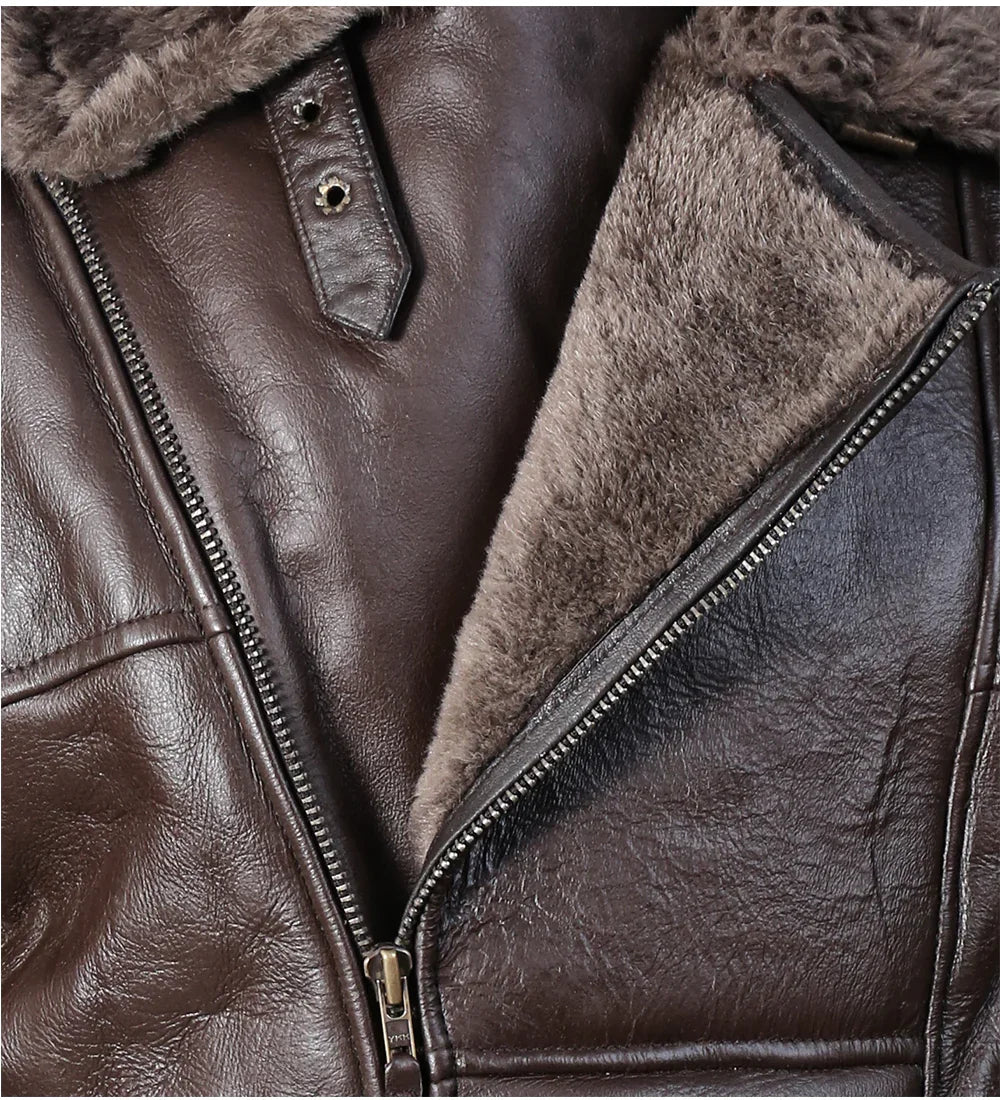 Distressed brown leather jacket with zip closure and shearling lining detail