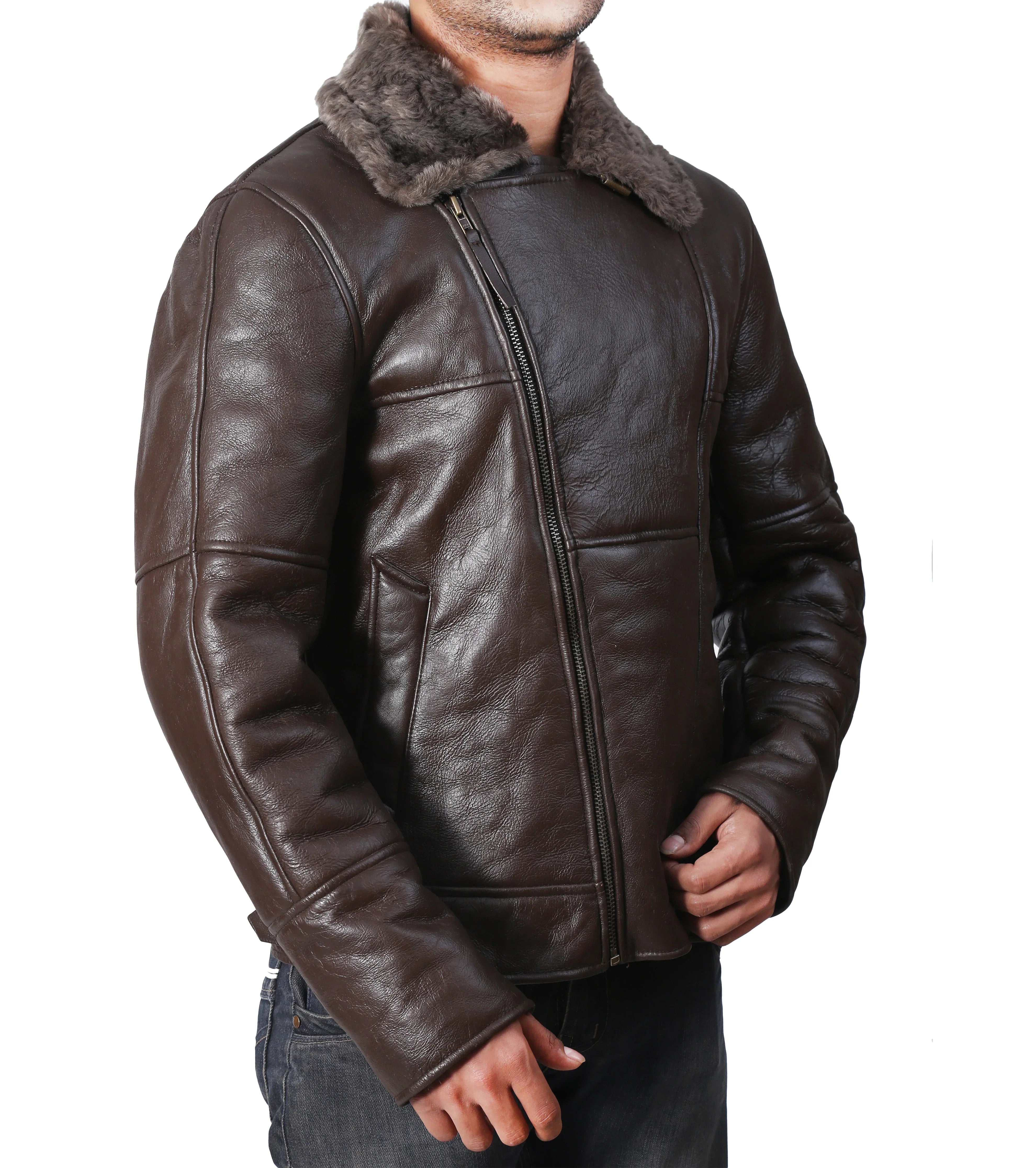 Dark brown distressed leather bomber jacket with shearling collar, front view