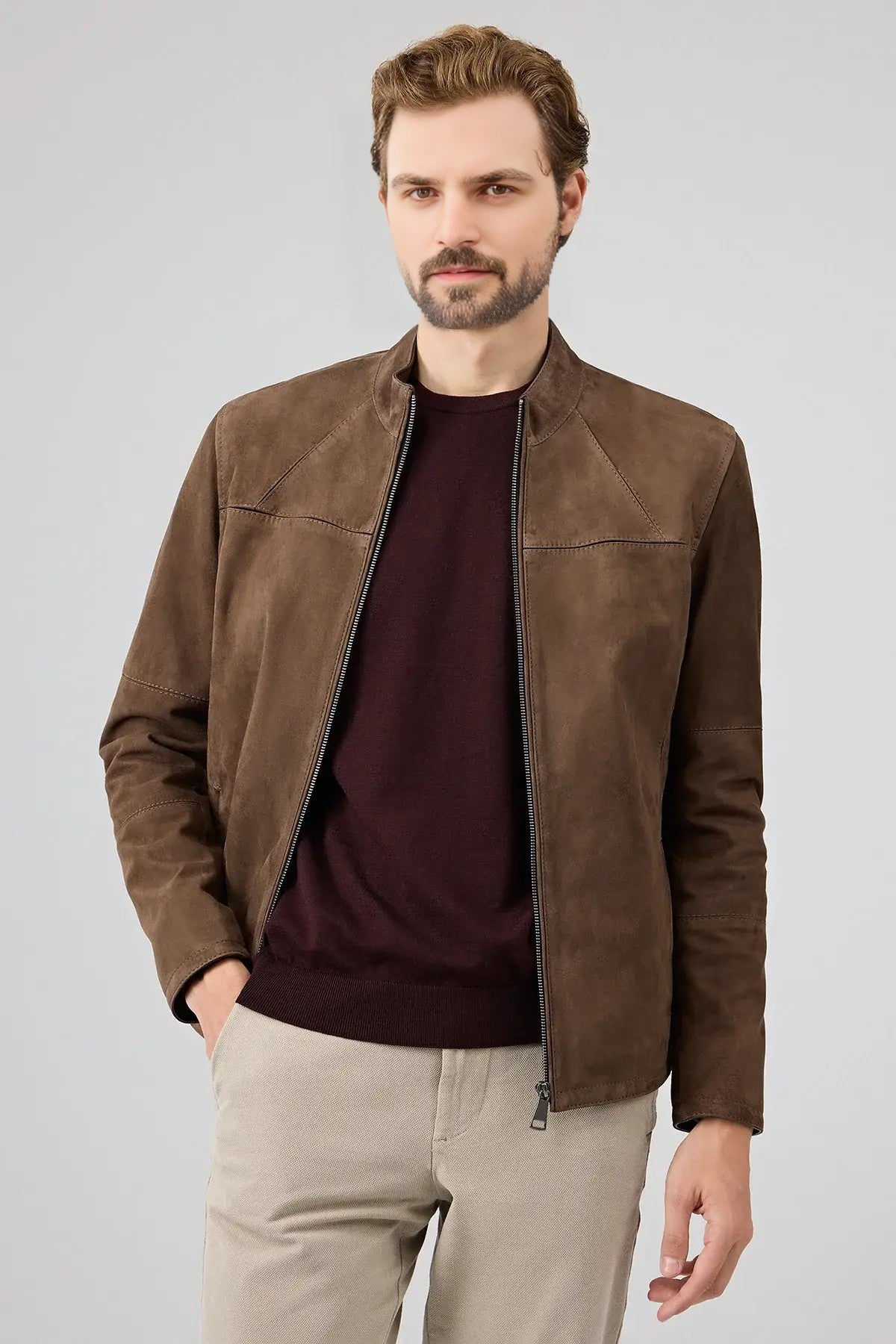 Ruston Brown Suede Men’s Leather Jacket – Classic Minimalist Style