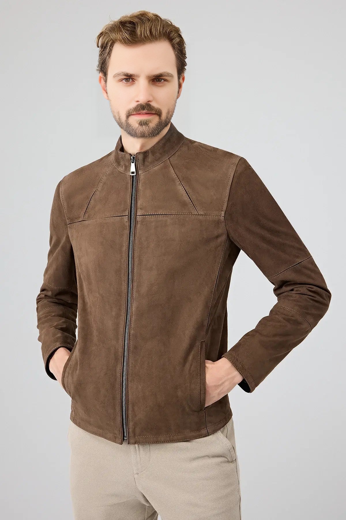 Ruston Brown Suede Men’s Leather Jacket – Classic Minimalist Style