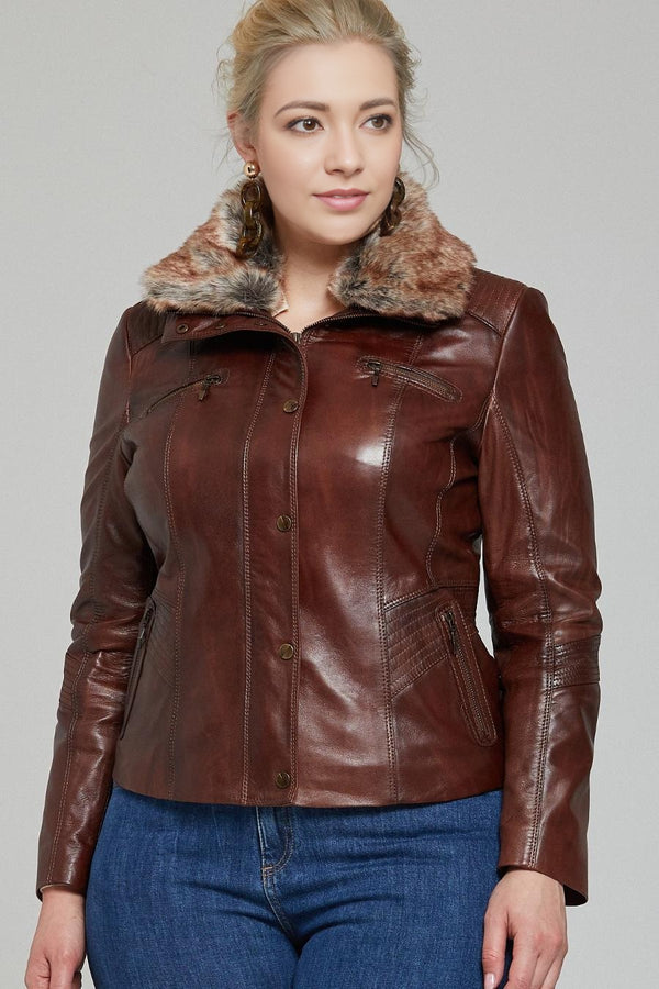 Women Dark Brown Chestnut Leather Jacket with Fur Collar