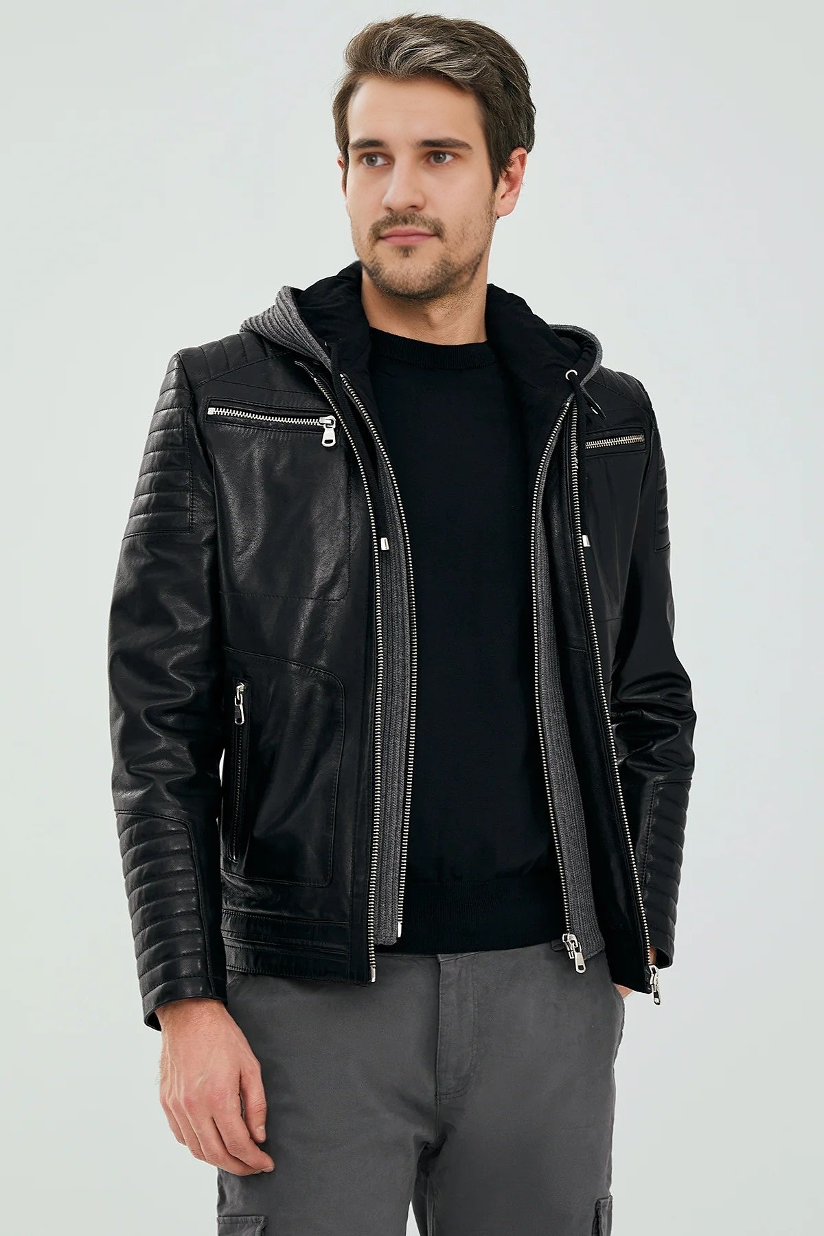 Danger Black Men's Hooded Sports Slim-Fit Leather Jacket