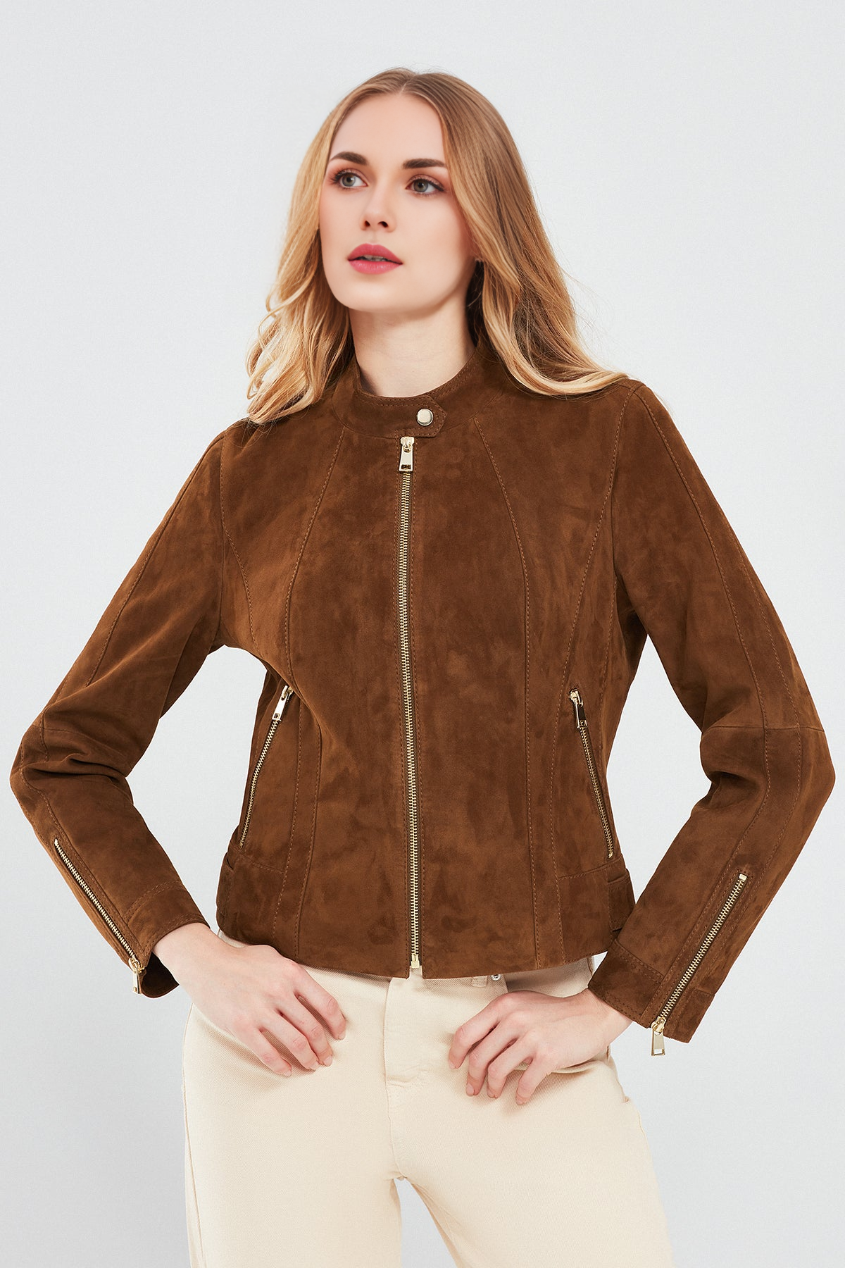 Grace Women's Short Brown Suede Leather Jacket