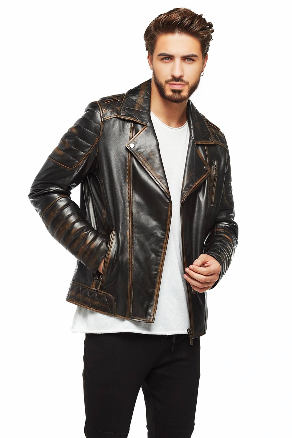 Branden Brown Distressed Leather Biker Jacket For Men