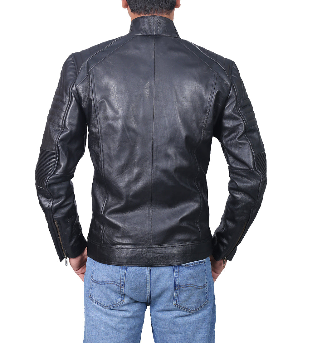 Cafe Racer Black Quilted Leather Jacket For Men
