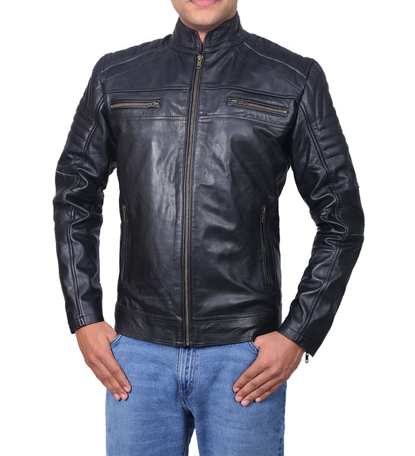 Cafe Racer Black Quilted Leather Jacket For Men
