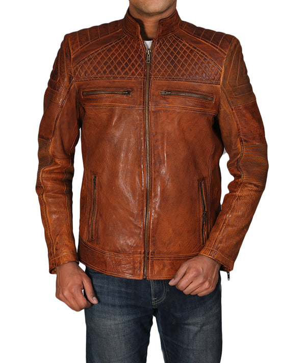 Cafe Racer Brown Quilted Leather Jacket For Men