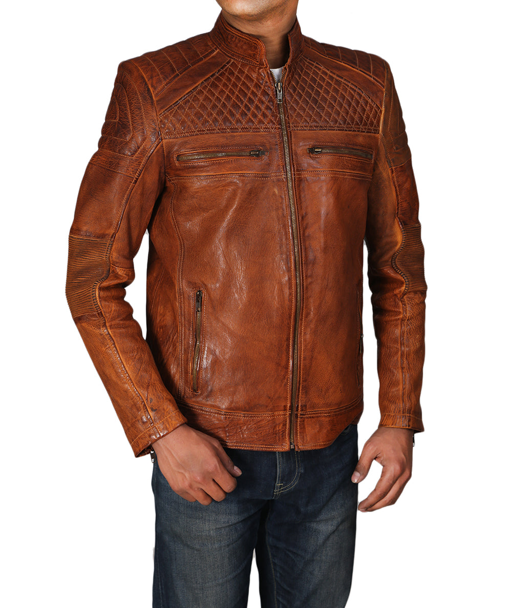 Cafe Racer Brown Quilted Leather Jacket For Men