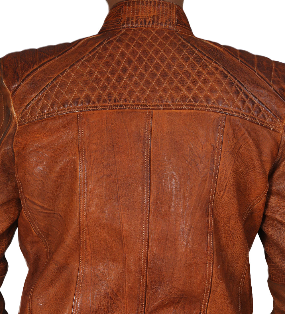 Cafe Racer Brown Quilted Leather Jacket For Men