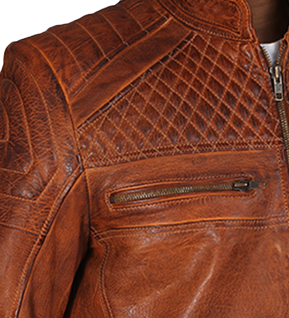 Cafe Racer Brown Quilted Leather Jacket For Men