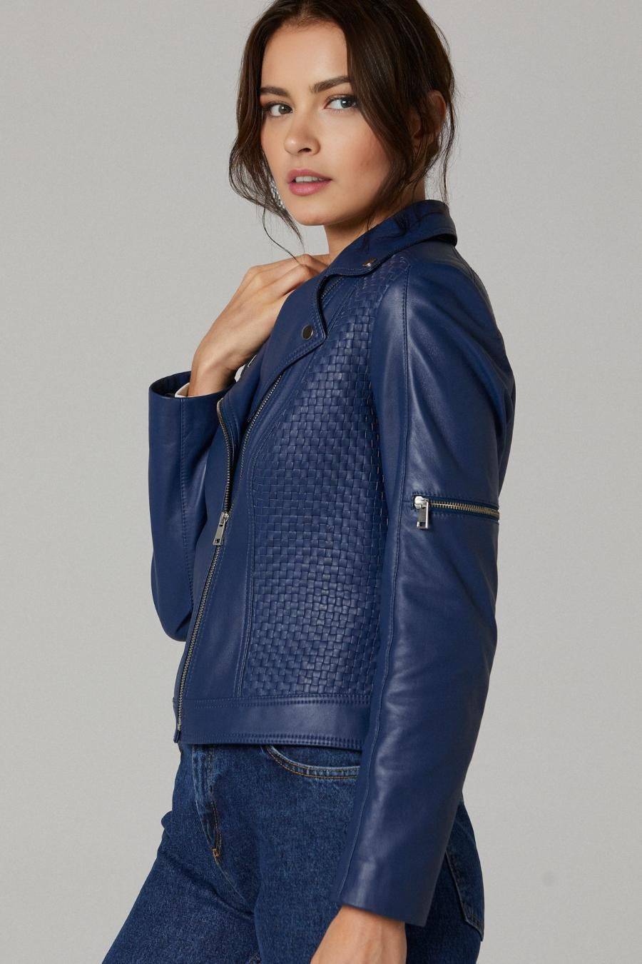 Evelyn Motor Bike Blue Leather Jacket For Women