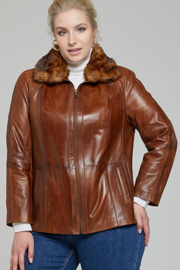 Gemma Original Fur Collar Brown Women Leather Jacket