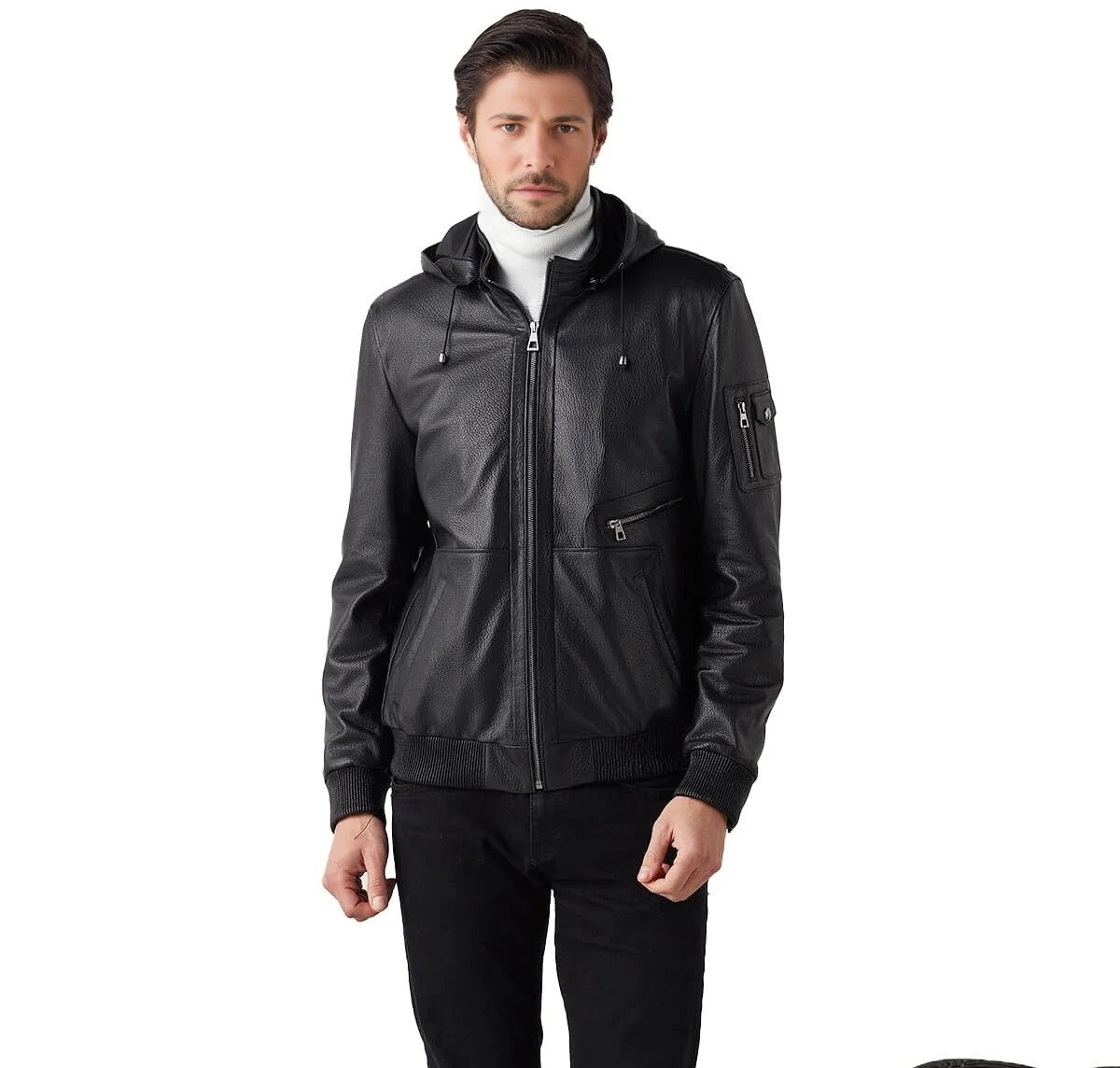 Max Black Bomber Leather Jacket With Hood