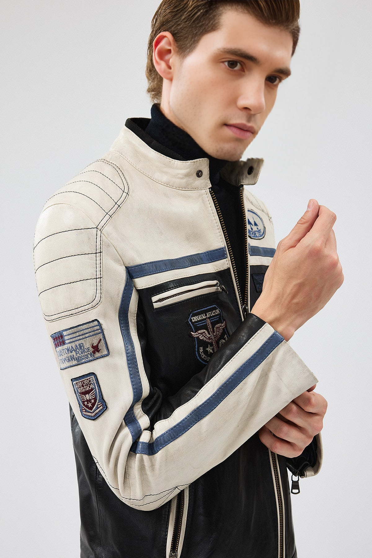 Takeoff Emblem Black Leather Jacket For Men