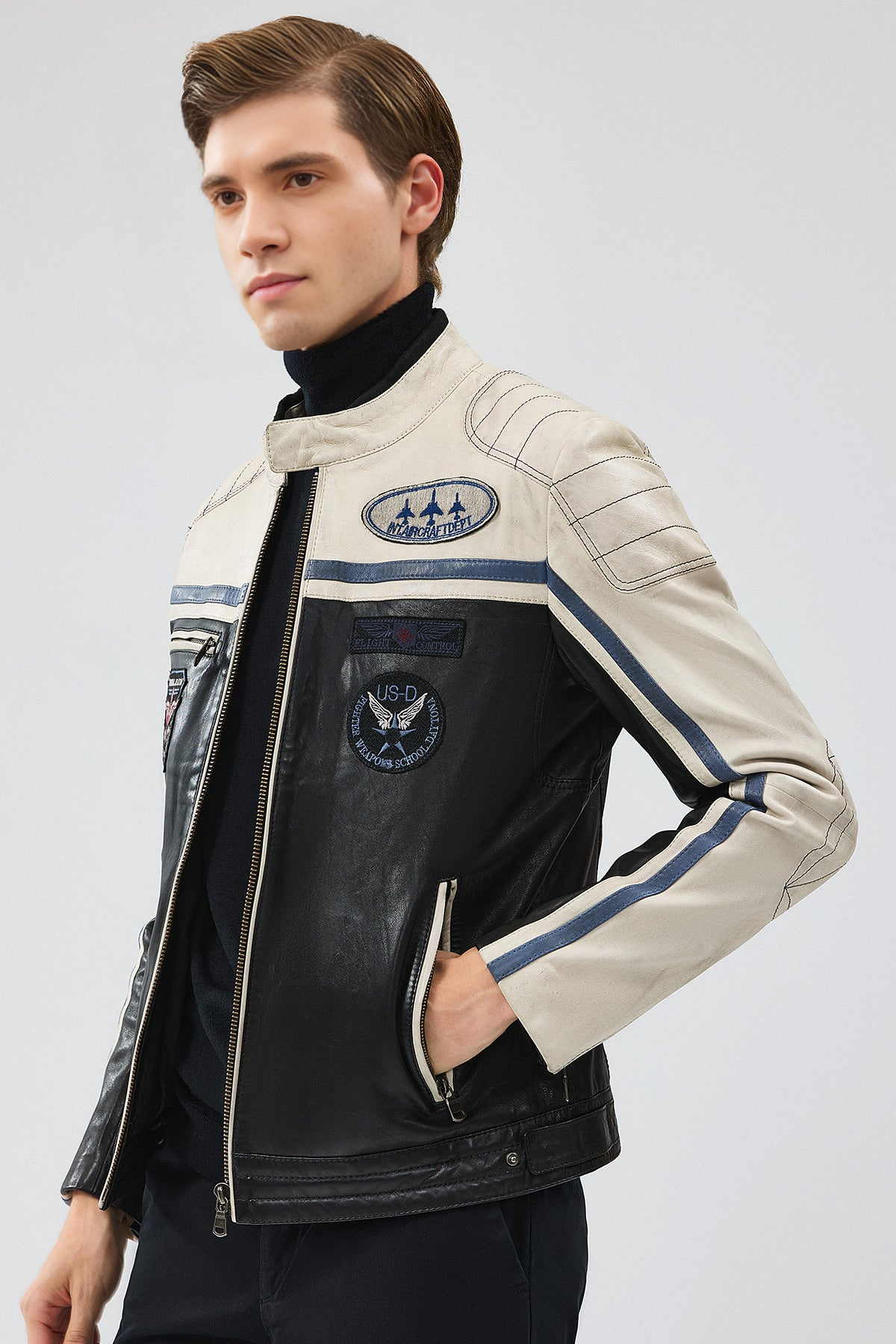 Takeoff Emblem Black Leather Jacket For Men