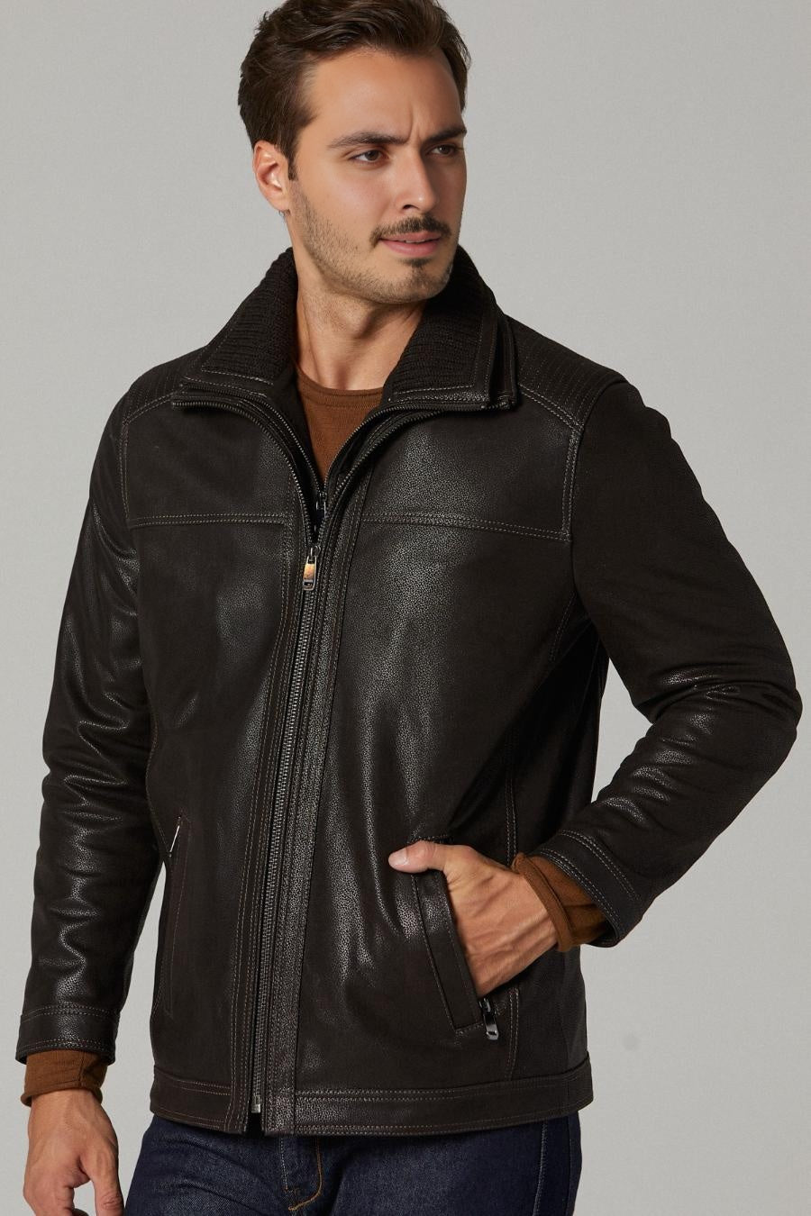 Rib-stitched Long Leather Jacket for Men - Dark Brown