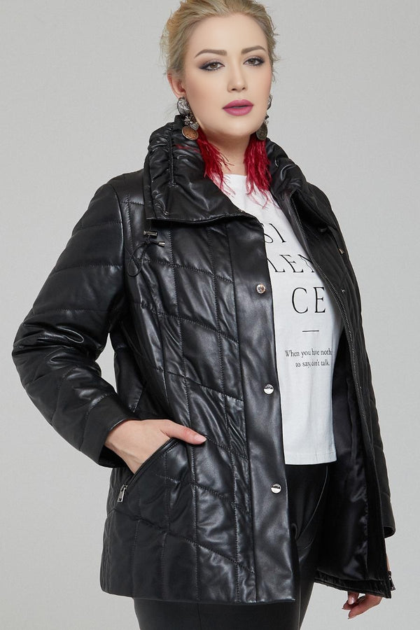 Sophia Black High Collar Leather Jacket For Women