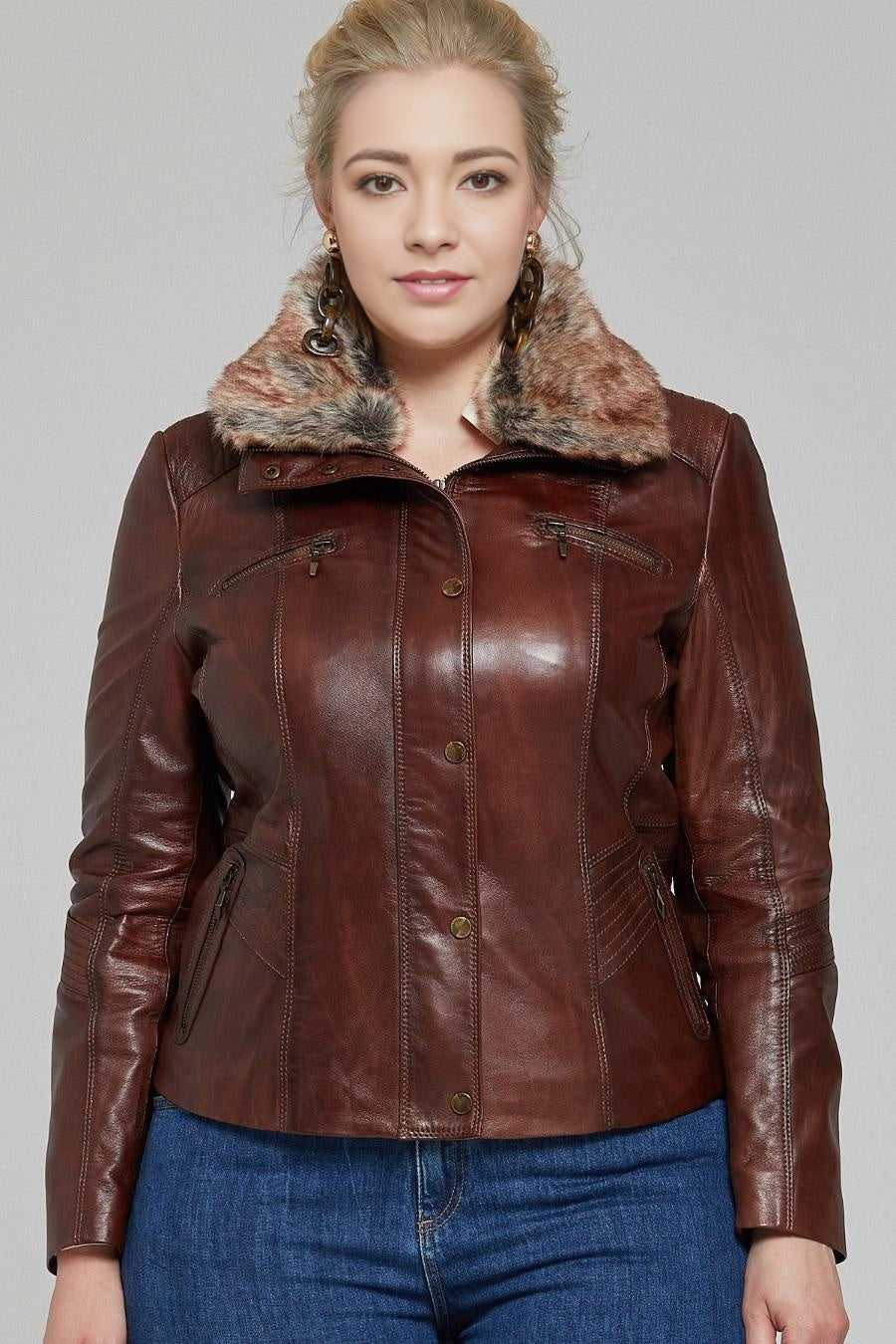 Women Dark Brown Chestnut Leather Jacket with Fur Collar