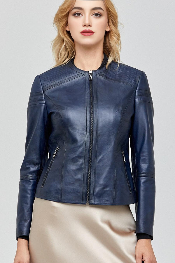 Aqua Blue Slim Fit Leather Jacket For Women
