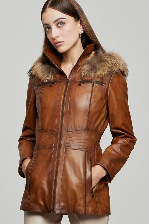 Ariana Women’s Leather Jacket with Faux Fur Hood - Brown