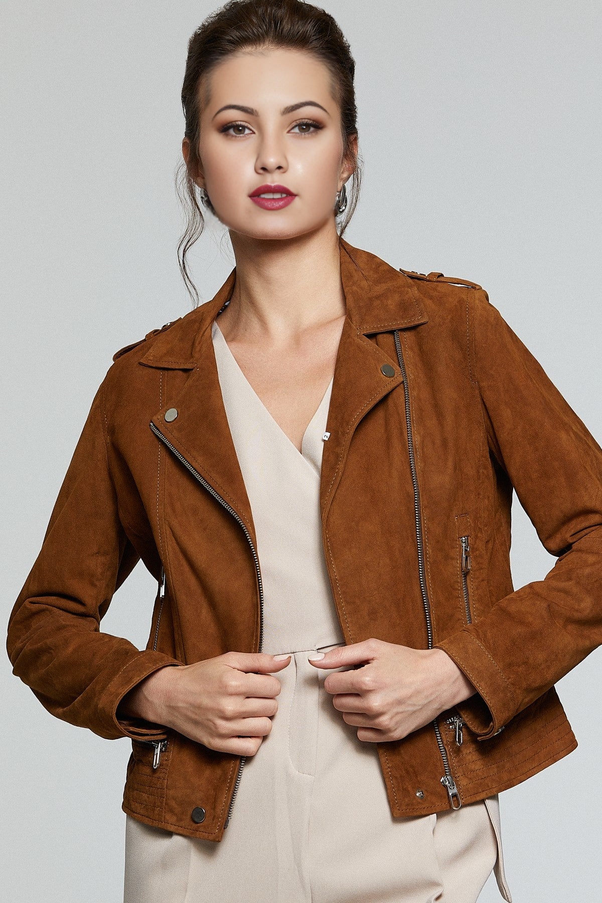 Brown Suede Biker Leather Jacket For Women