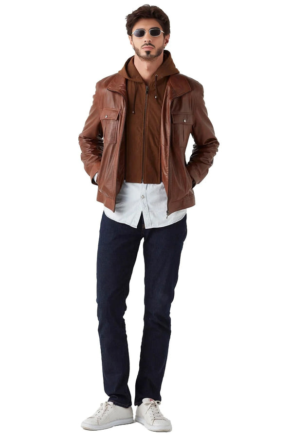 Tyler Brown Shirt Hood leather Jacket For Men