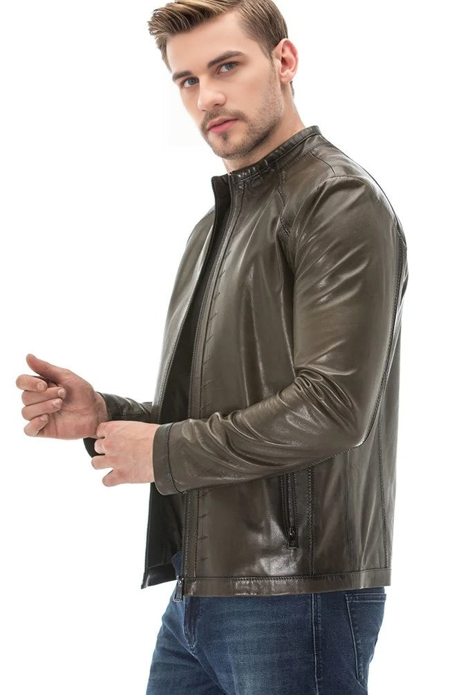 Peter Dark Green Biker Racer Leather Jacket For Men