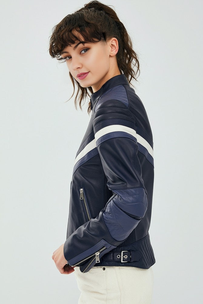 Stylish Black Women Leather Jacket With Beautiful Blue & White Color