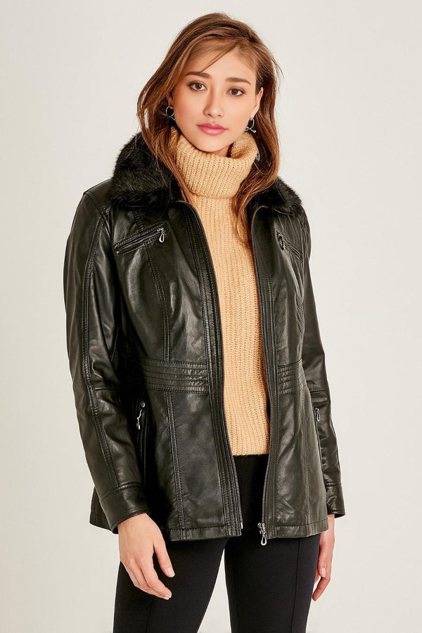 Rachel Black Fur Collar Women Leather Jacket