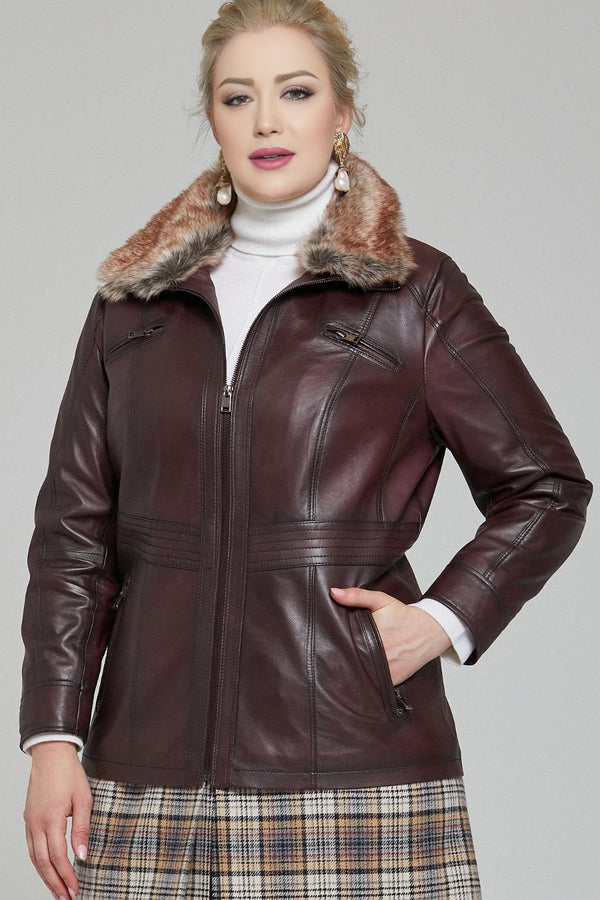 Charlotte Brown Leather Jacket With Fur Collar For Women