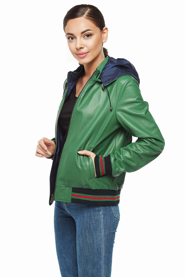 Sabrina Green Leather Jacket With Hoodie For Women