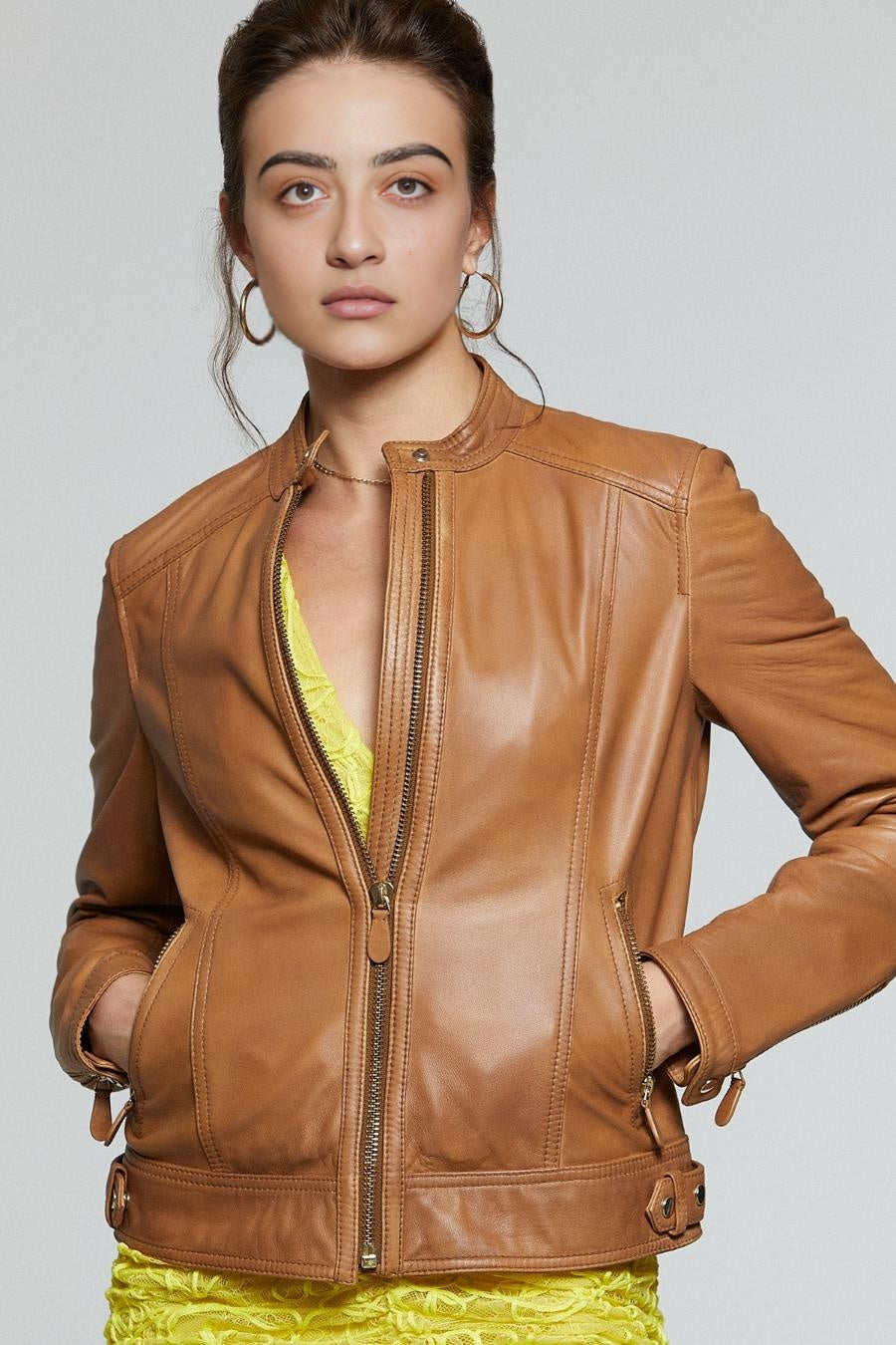 Hannah Brown Smooth Leather Jacket For Women