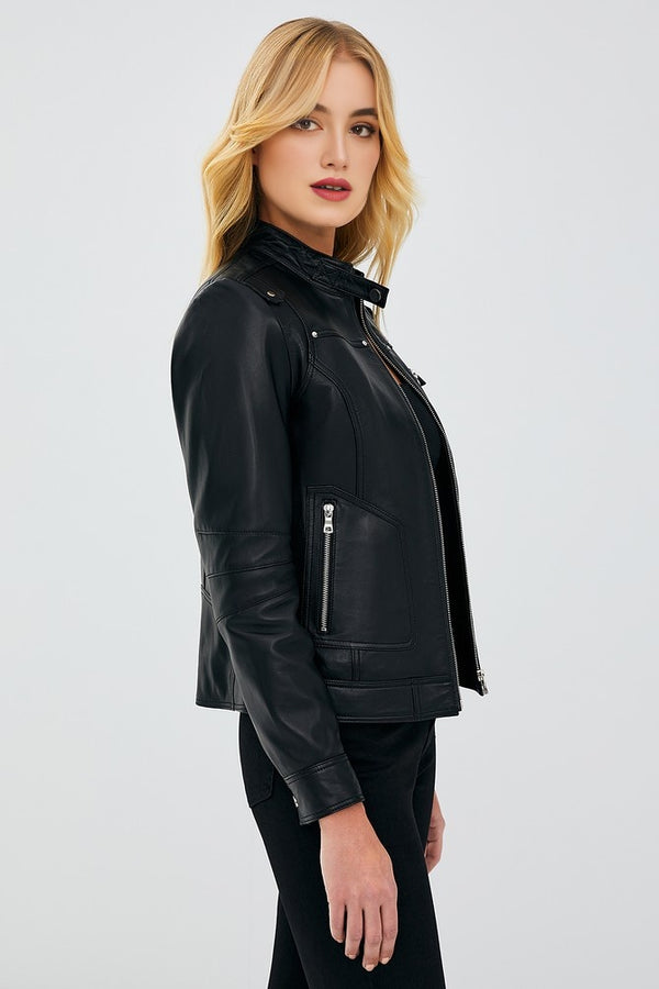 Hannah Black Leather Jacket For Women's